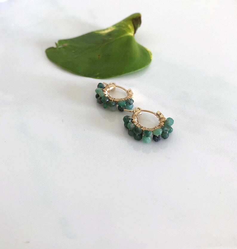 14K Gold Emerald Huggie Earrings – May Birthstone Mini Hoops