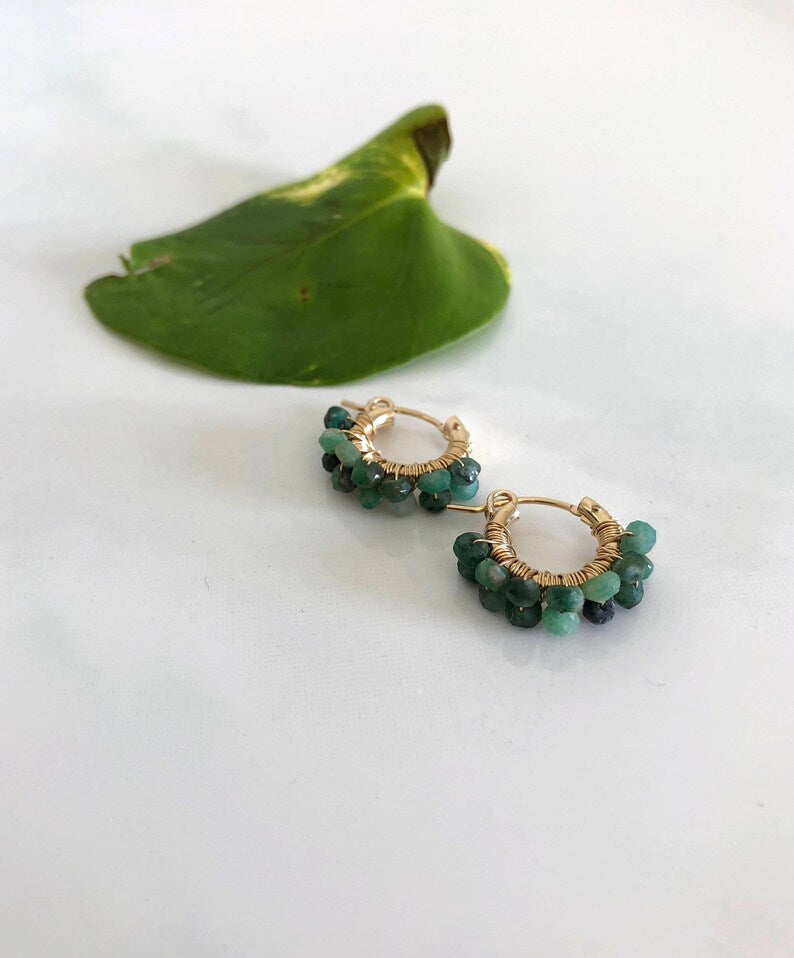 14K Gold Emerald Huggie Earrings – May Birthstone Mini Hoops