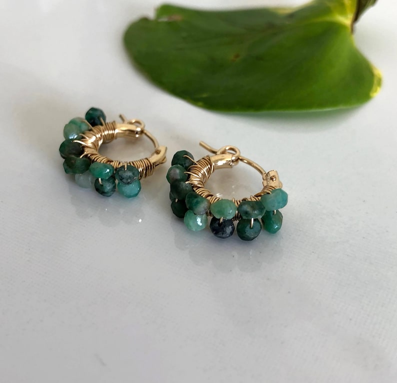 14K Gold Emerald Huggie Earrings – May Birthstone Mini Hoops