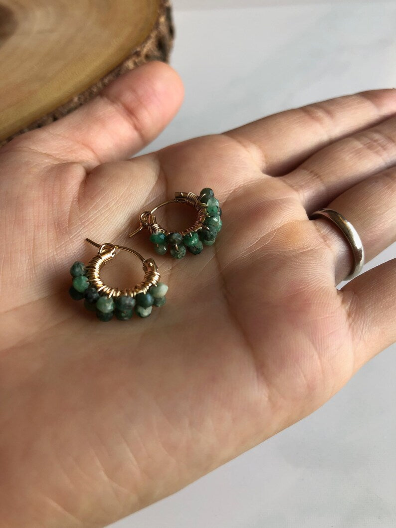 14K Gold Emerald Huggie Earrings – May Birthstone Mini Hoops