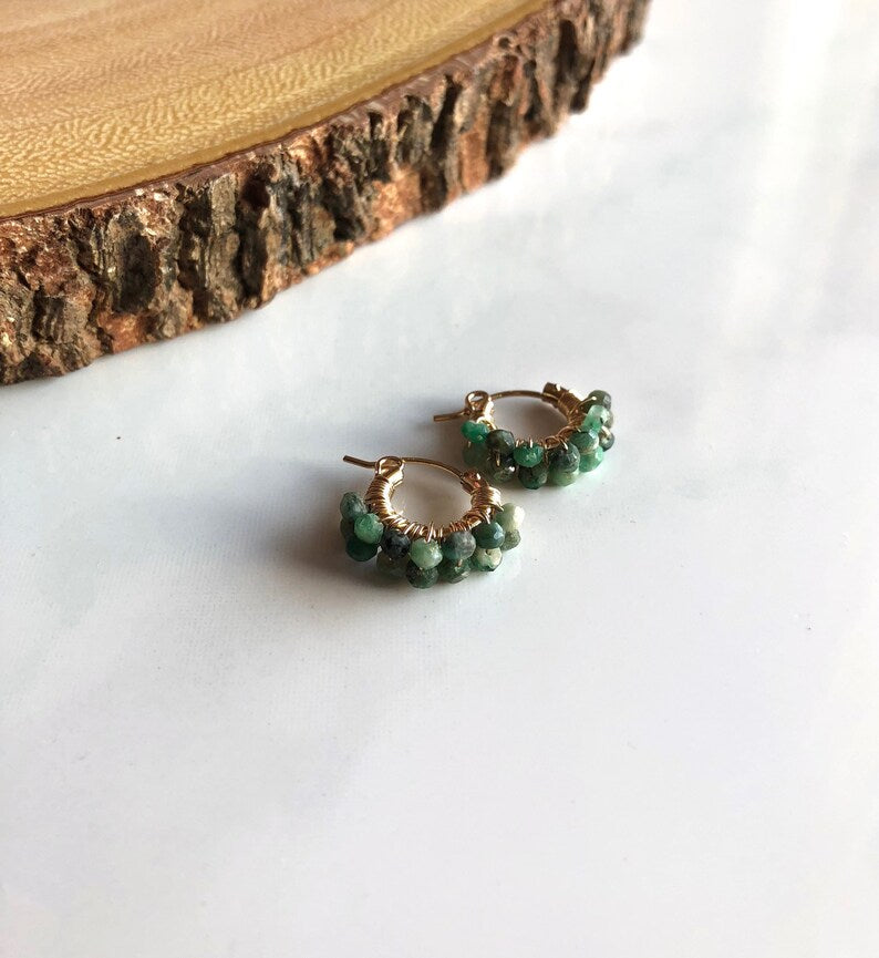 14K Gold Emerald Huggie Earrings – May Birthstone Mini Hoops
