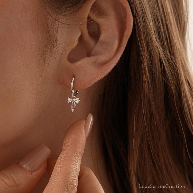 Sterling Silver Ribbon Huggie Earrings – Delicate Drop Hoops for Women, Birthday & Christmas Gift