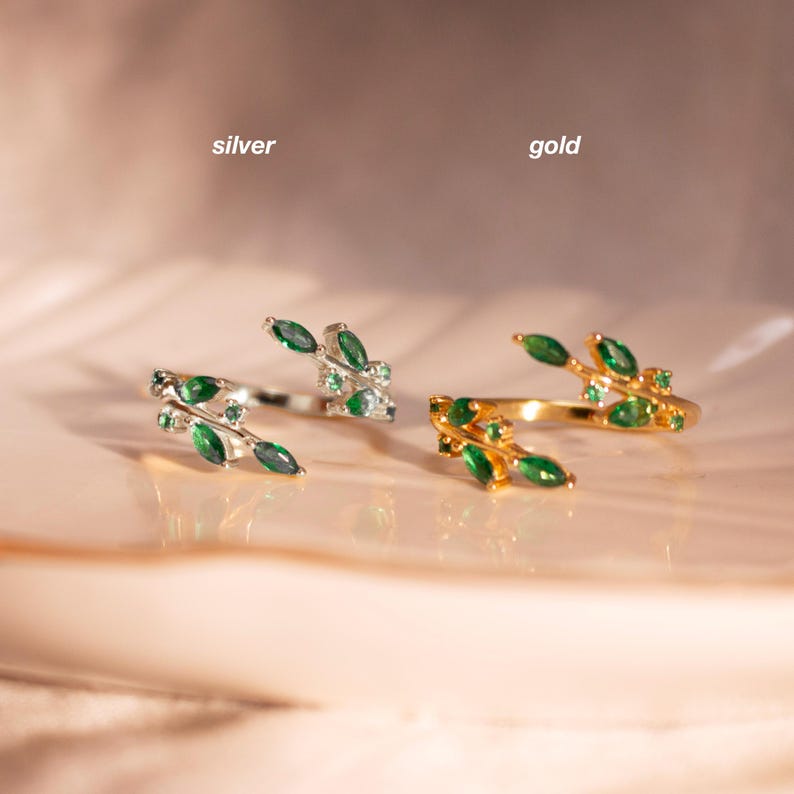 925 Sterling Silver Emerald Leaf Ring – Adjustable Everyday Jewelry with Birthstone Gift Option